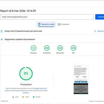 Analisi PageSpeed mobile del sito La Ogni Pratica con prestazioni, accessibilità, best practice e SEO elevate