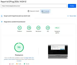 Report PageSpeed Insights desktop di La Ogni Pratica con valutazioni tecniche e navigazione agentica 3 su 3