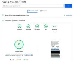 Report PageSpeed Insights mobile di La Ogni Pratica con valutazioni tecniche e navigazione agentica 3 su 3